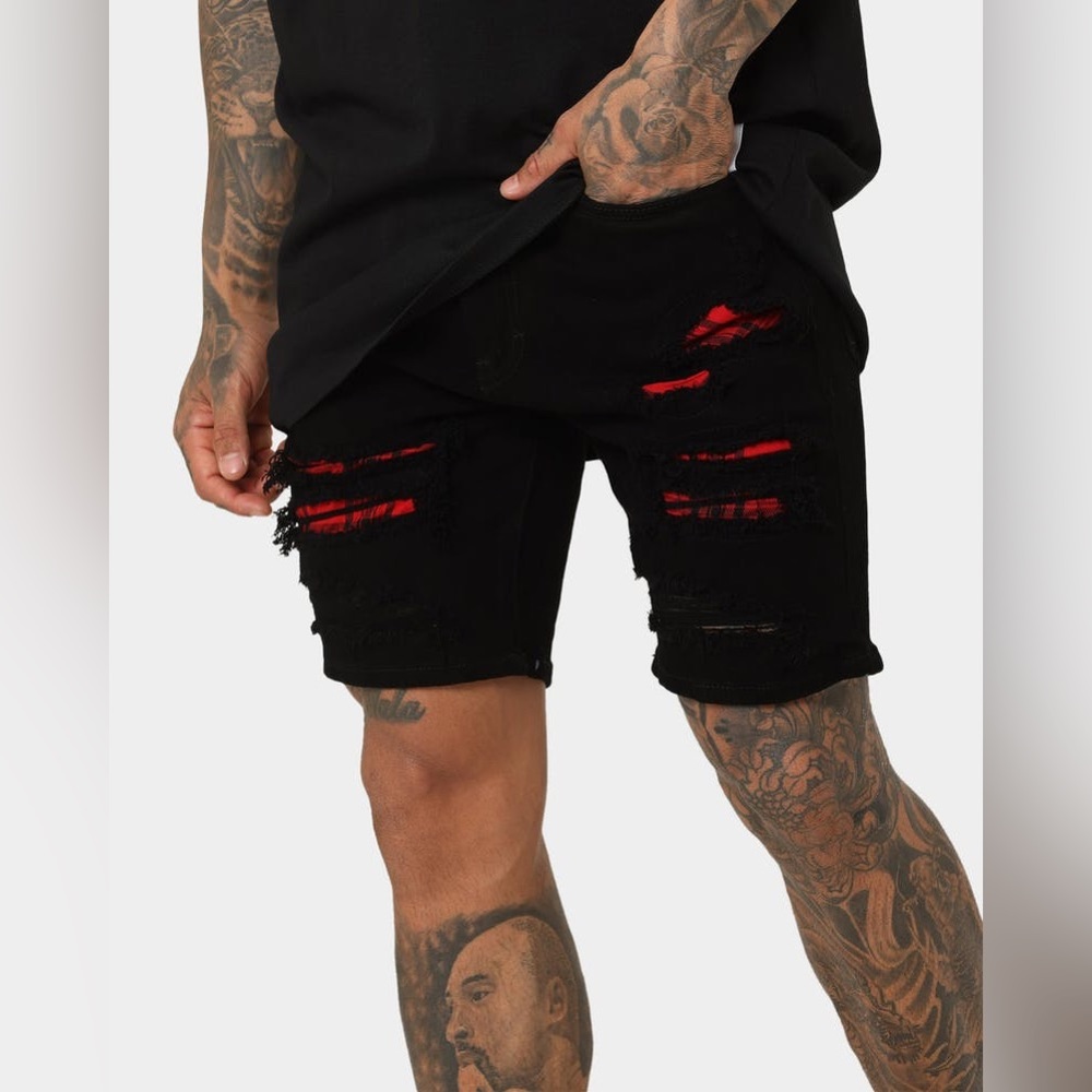 Denim House Washed Black & Red Rip & Repair Destroyed Slim Fit Denim Shorts